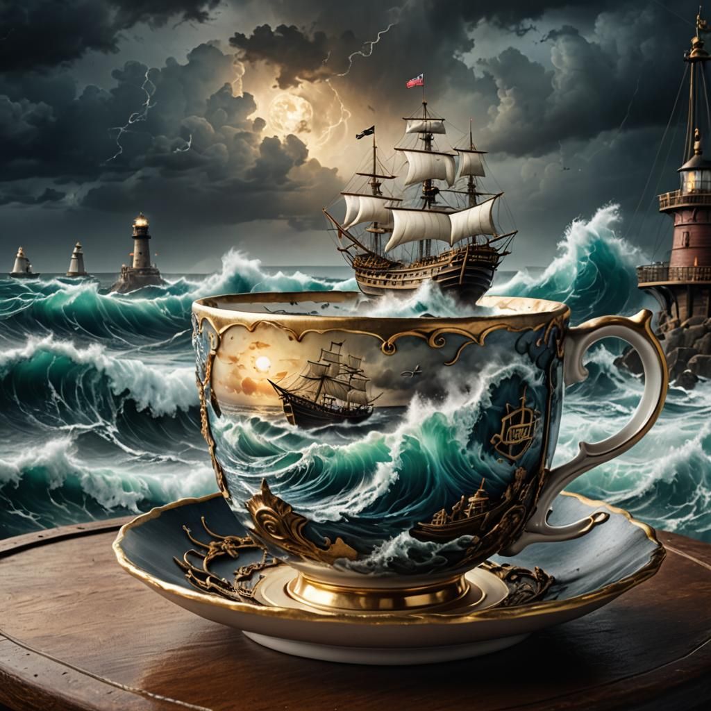 Stormy Ocean in Teacup: Hyperdetailed Nautical Scene