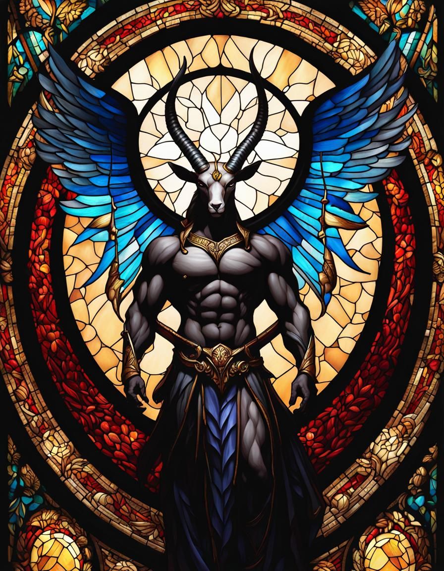 Stained Glass Lucifer with Black Angel Wings