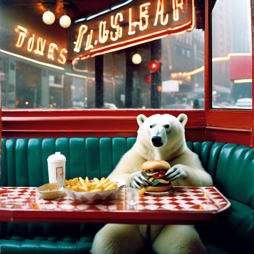 Polar Bear's Melancholy Meal in New York Diner