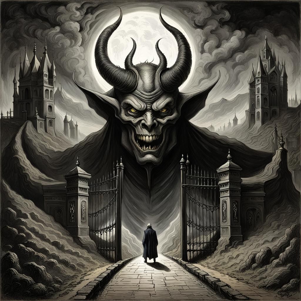 Evil Devil Overlooks Gray Road to Hell