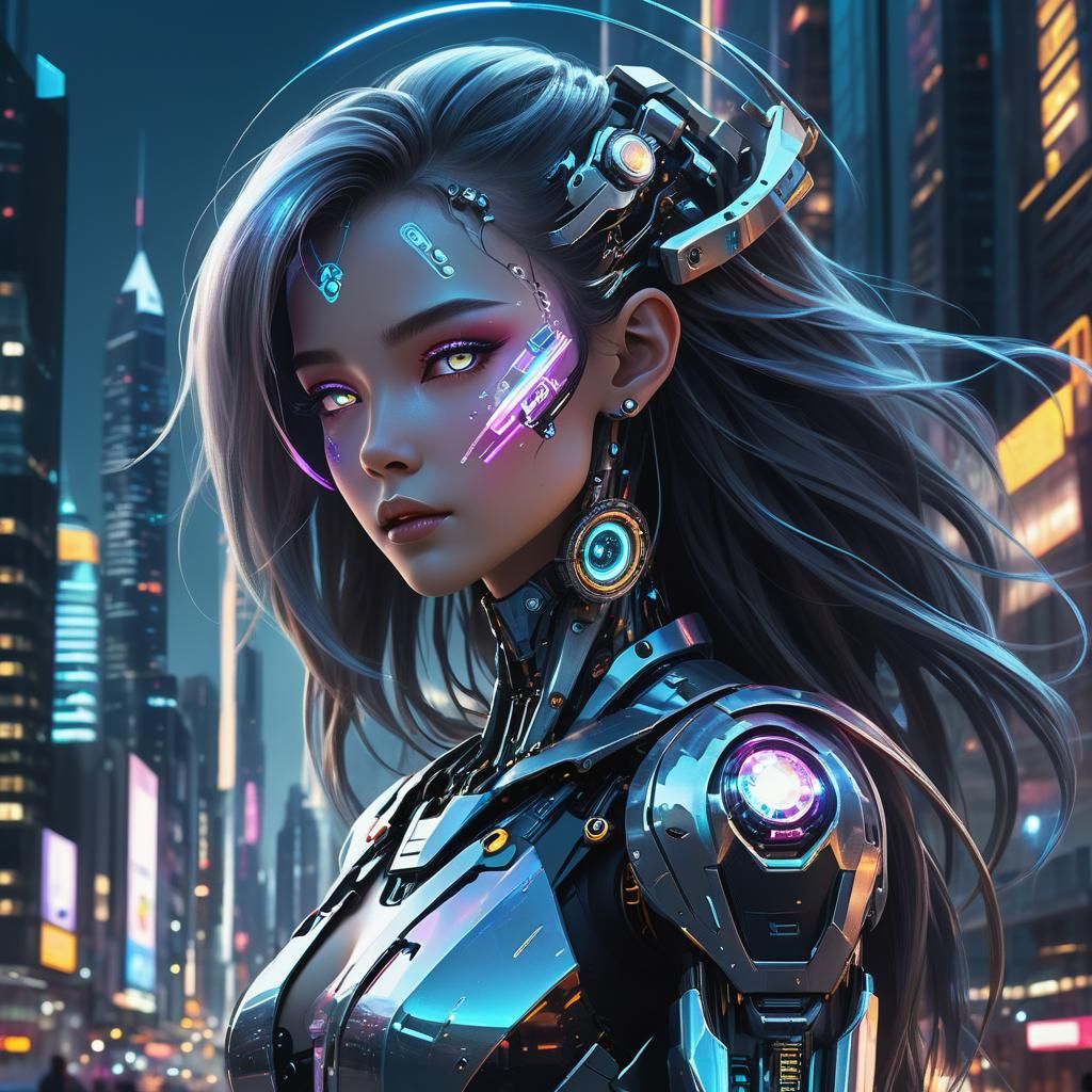 Beautiful Robot Lady in Futuristic Cityscape