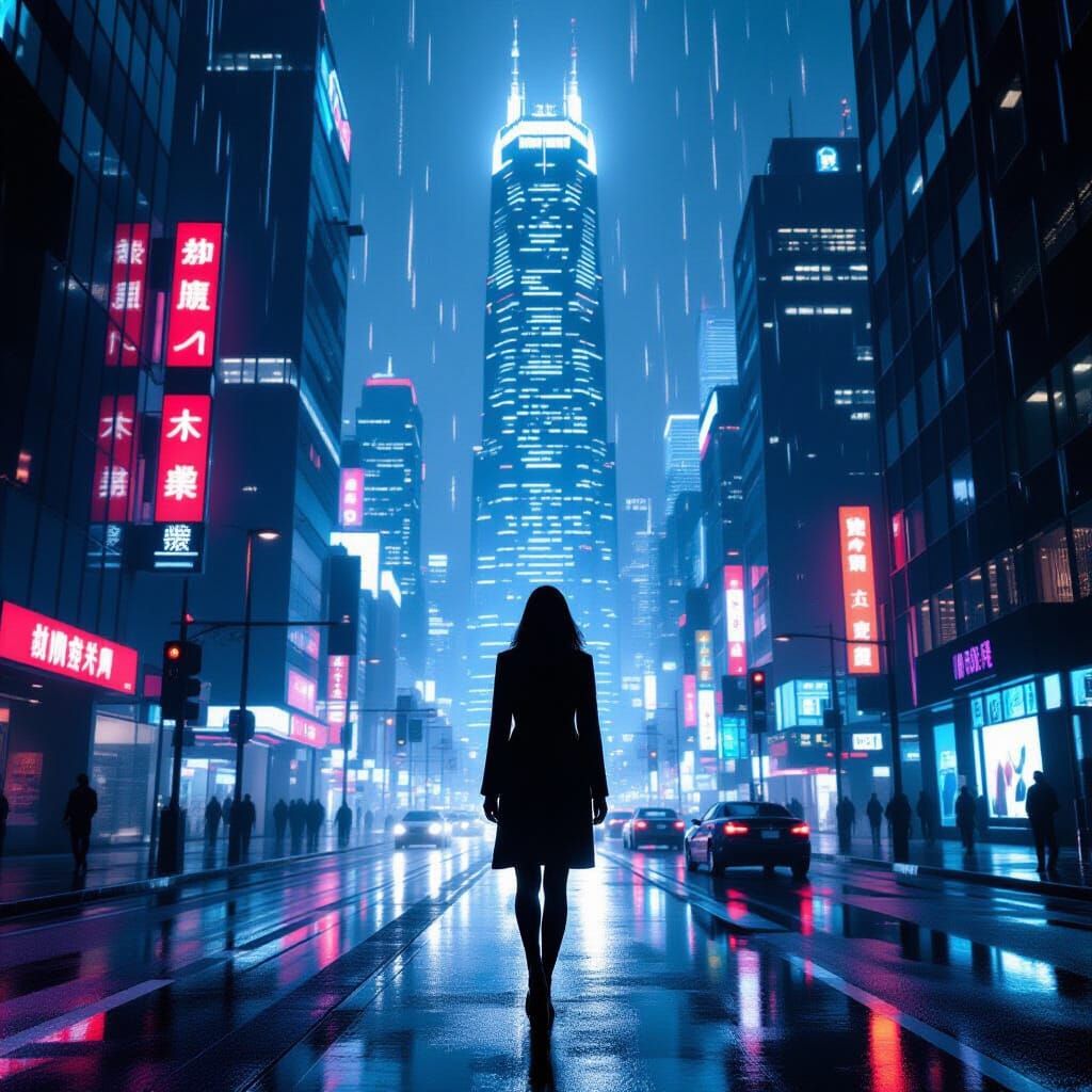 Businesswoman Gazes at Futuristic Skyscraper in Neon City