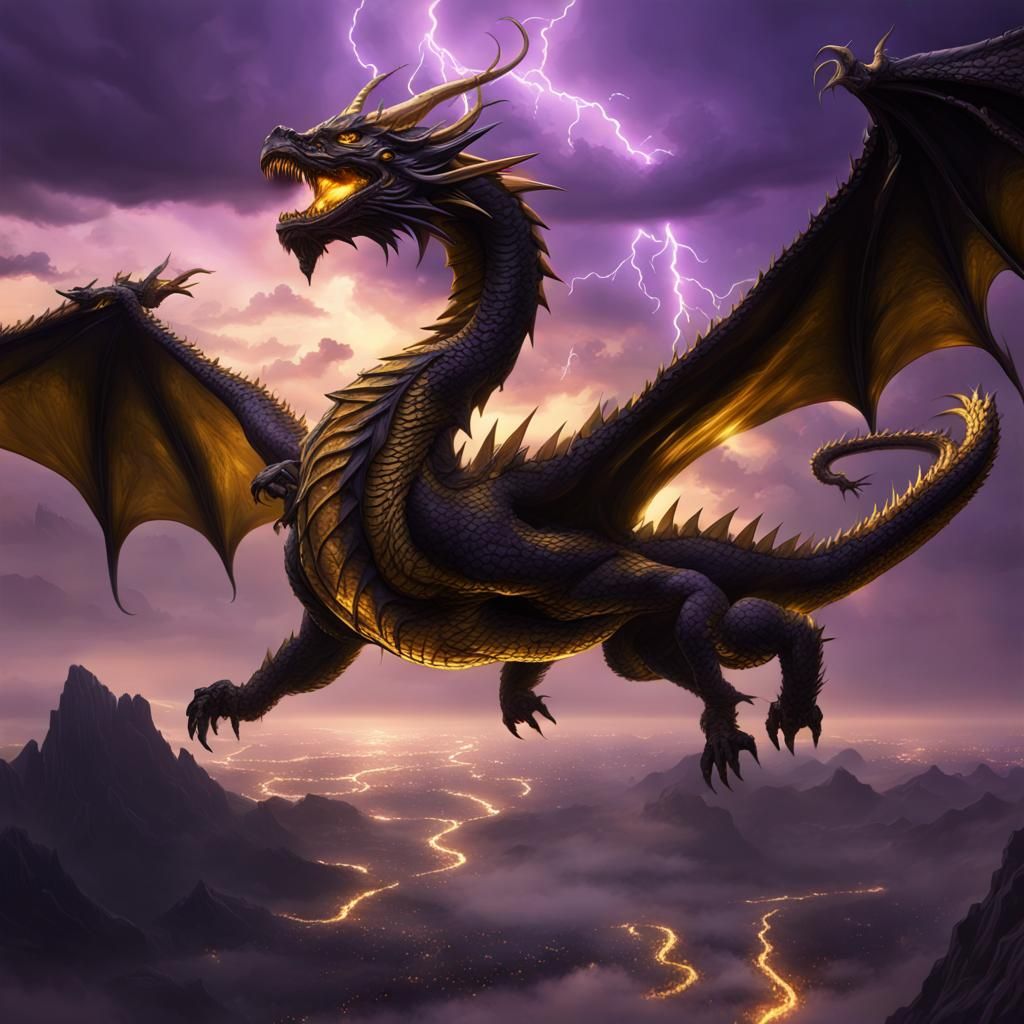 Majestic Golden Dragon in Dark Fantasy Landscape