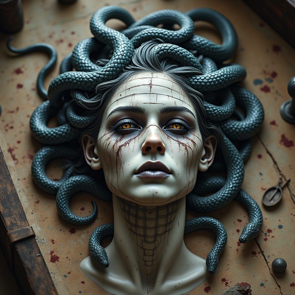 Neo Traditional Tattoo Medusa Head with Twisted Snakes and T...