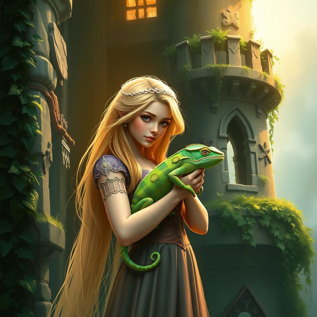 Rapunzel and Emerald Chameleon in Mystical Tower