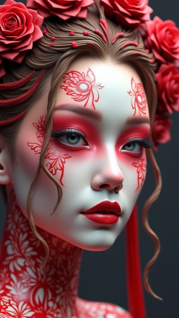 Futuristic Victorian Woman with Japanese Motifs and Red-Whit...