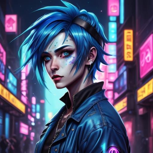 Cyberpunk Woman with Visor in Neon Cityscape