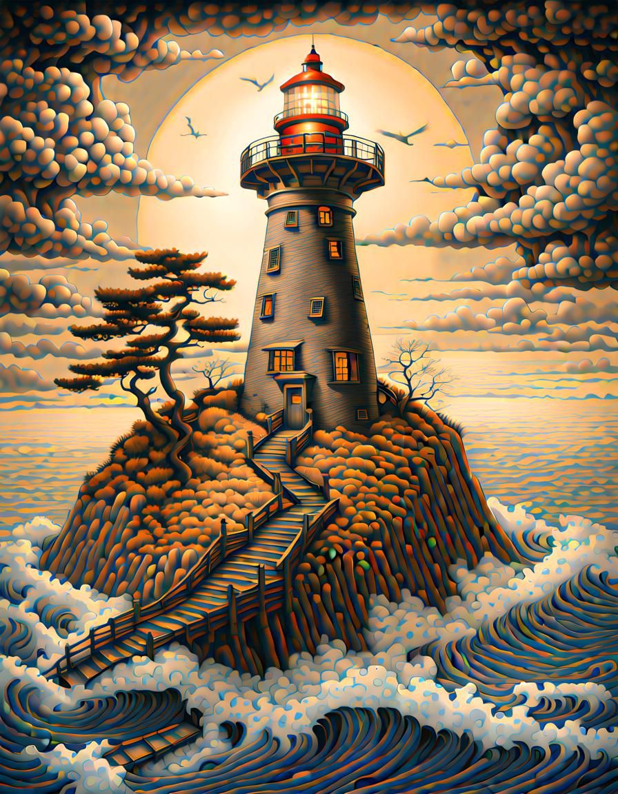 Lighthouse in Japanese Ink Painting Style