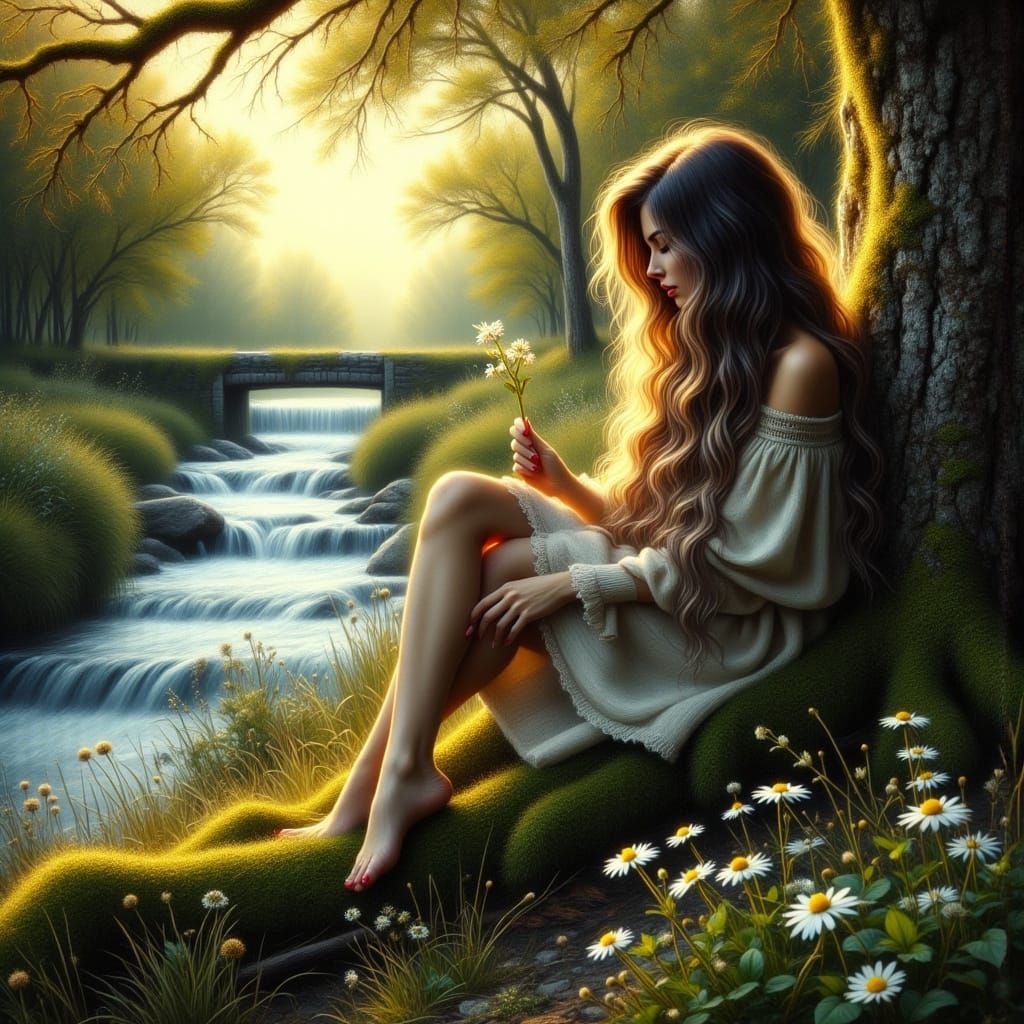 Woman with Flower by River in Romanticism Style