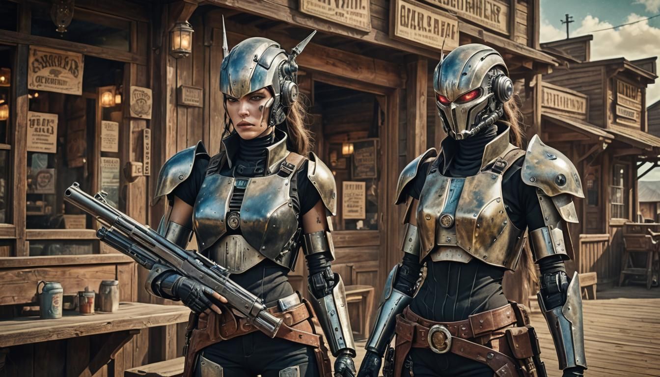 Cyberpunk Bounty Hunter in Old West Saloon