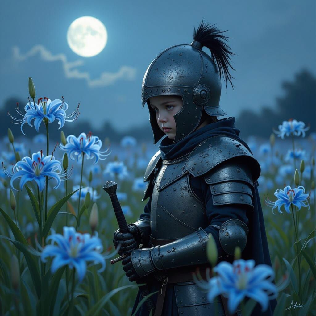 Armored Child Warrior Amidst Blue Lilies Under Moonlight