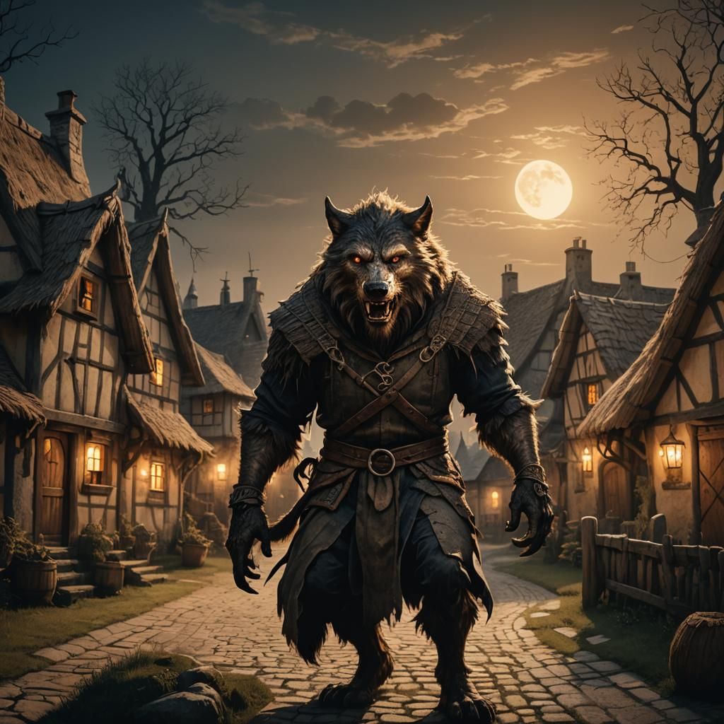 Werewolf in Medieval Village: Dark Fantasy Illustration