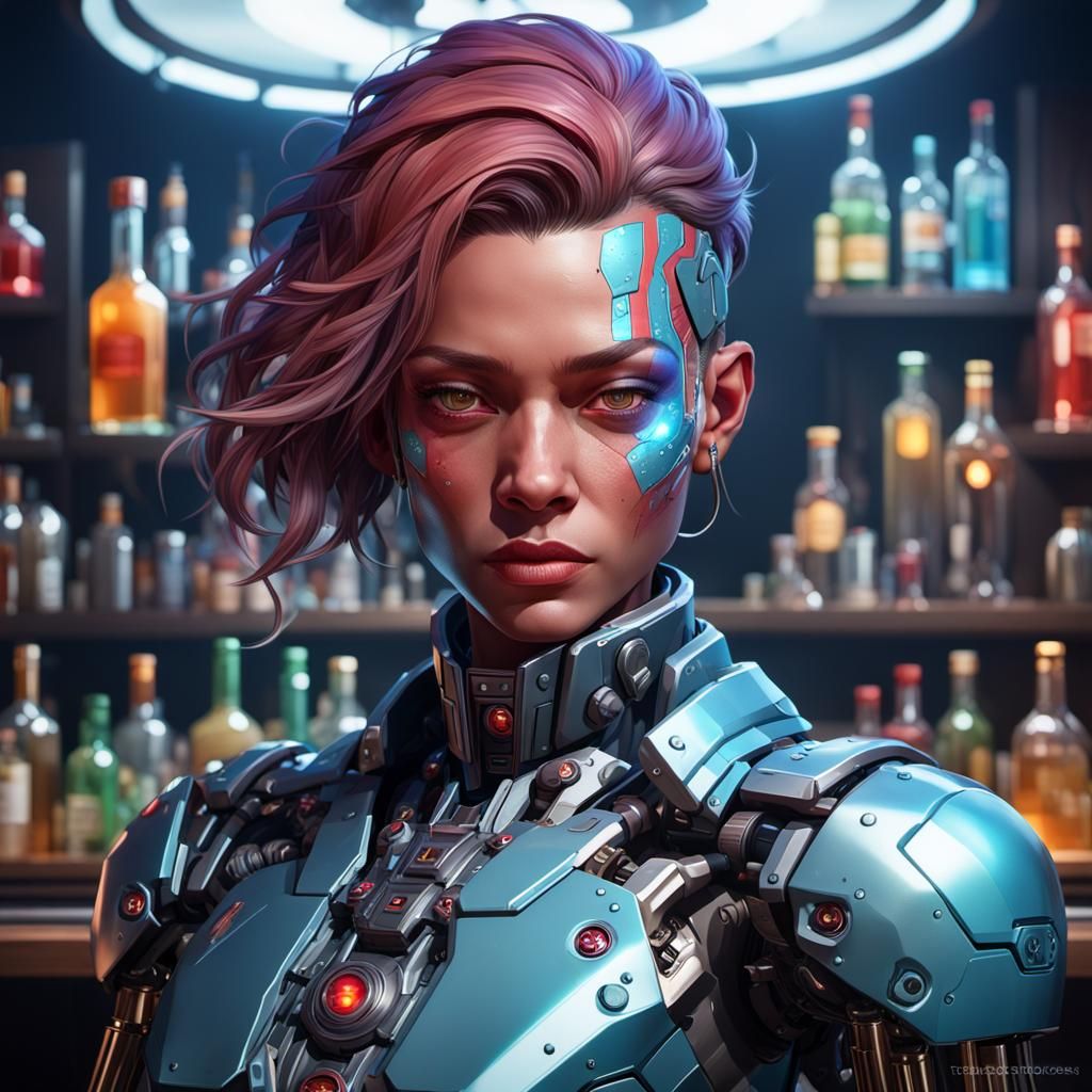 Detailed Cyborg Bartender Portrait in 8K