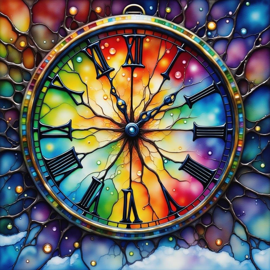 Shattered Clock Frozen at Midnight in Watercolor