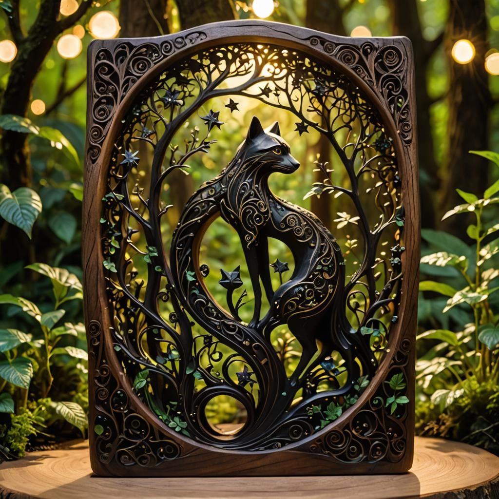 Glowing Wood Carving Filagoria in Mystical Garden