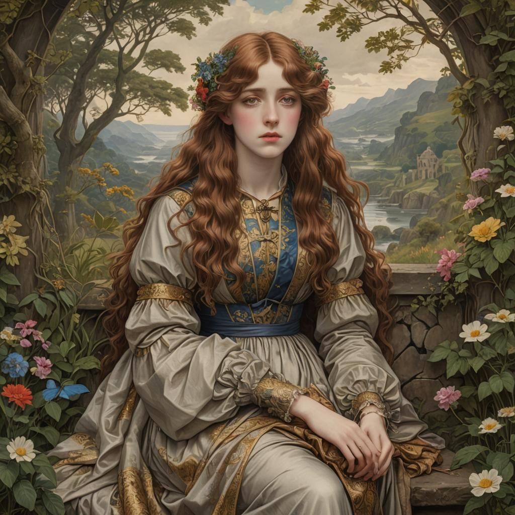 Vibrant 1900s Revival: Pre-Raphaelite Anime Style Portrait