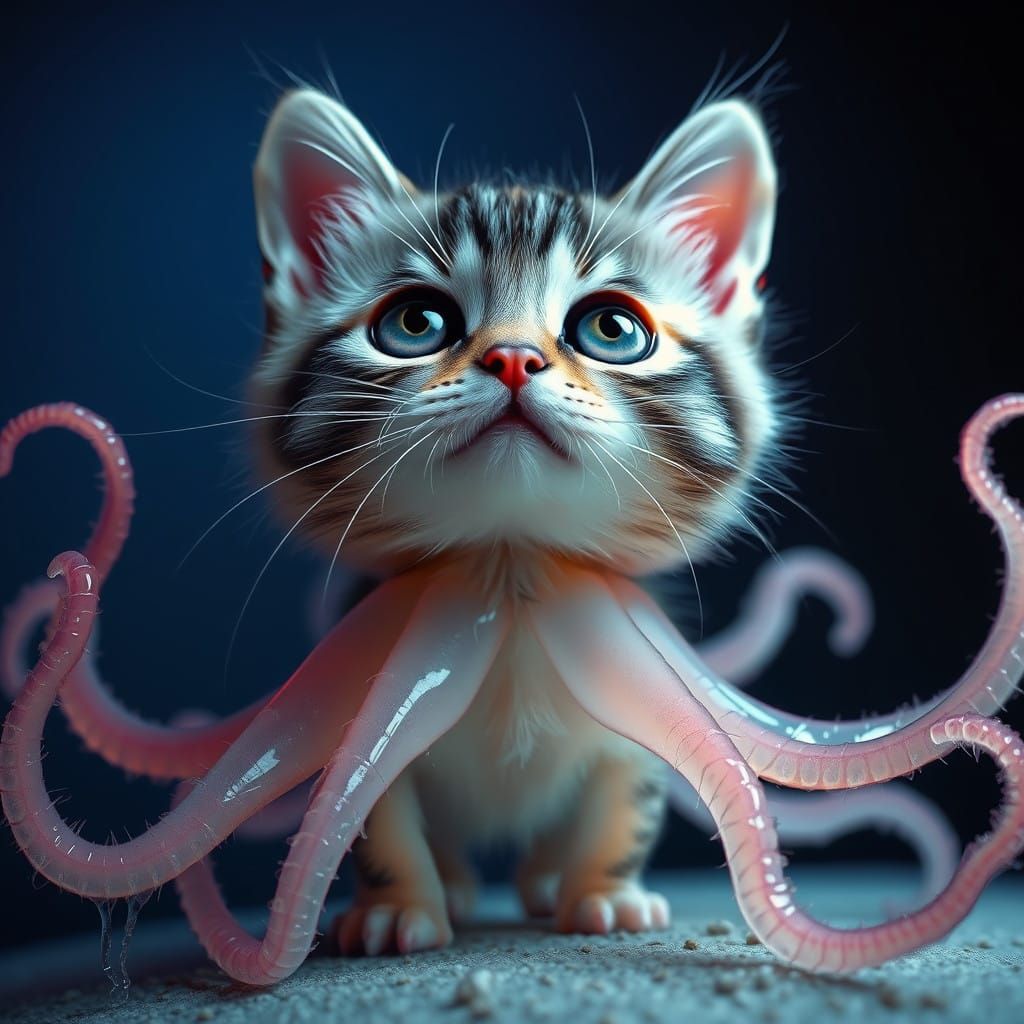 Whimsical Kitten Squid Hybrid Gazing Upwards