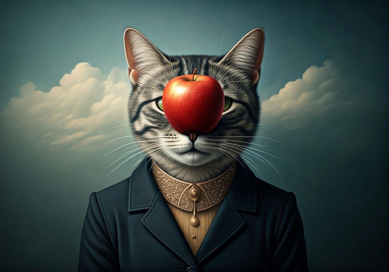 Feline Enigma with Apple: A Surrealist Portrait