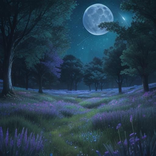 Blue Moon Over Meadow with Fireflies