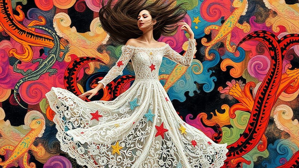 Woman in Crochet Lace Dress, Flowing Ink Gouache