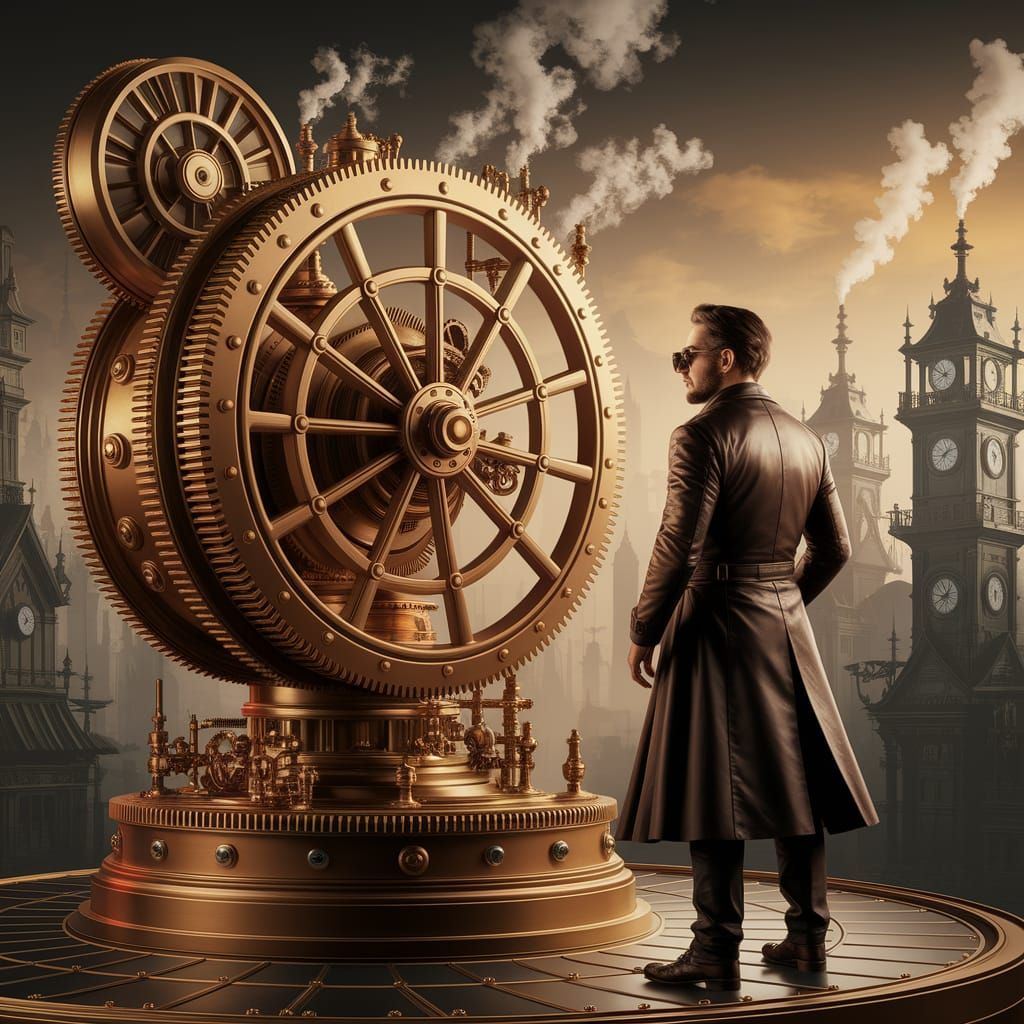 Inventor Amidst Victorian Steampunk Machinery