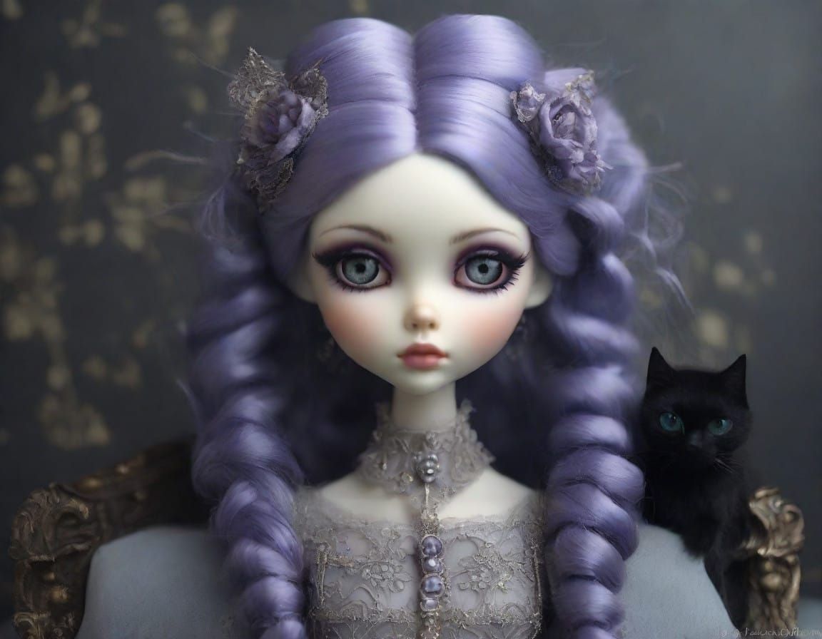 Gothic Maiden Doll Poses with Curious Black Cat