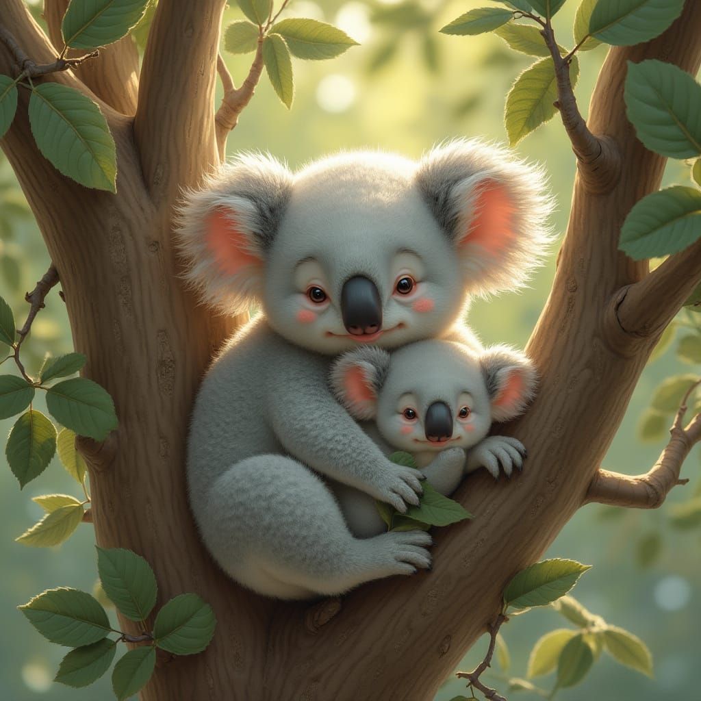 Koalas Cuddling in Eucalyptus Trees, Illustrated Style