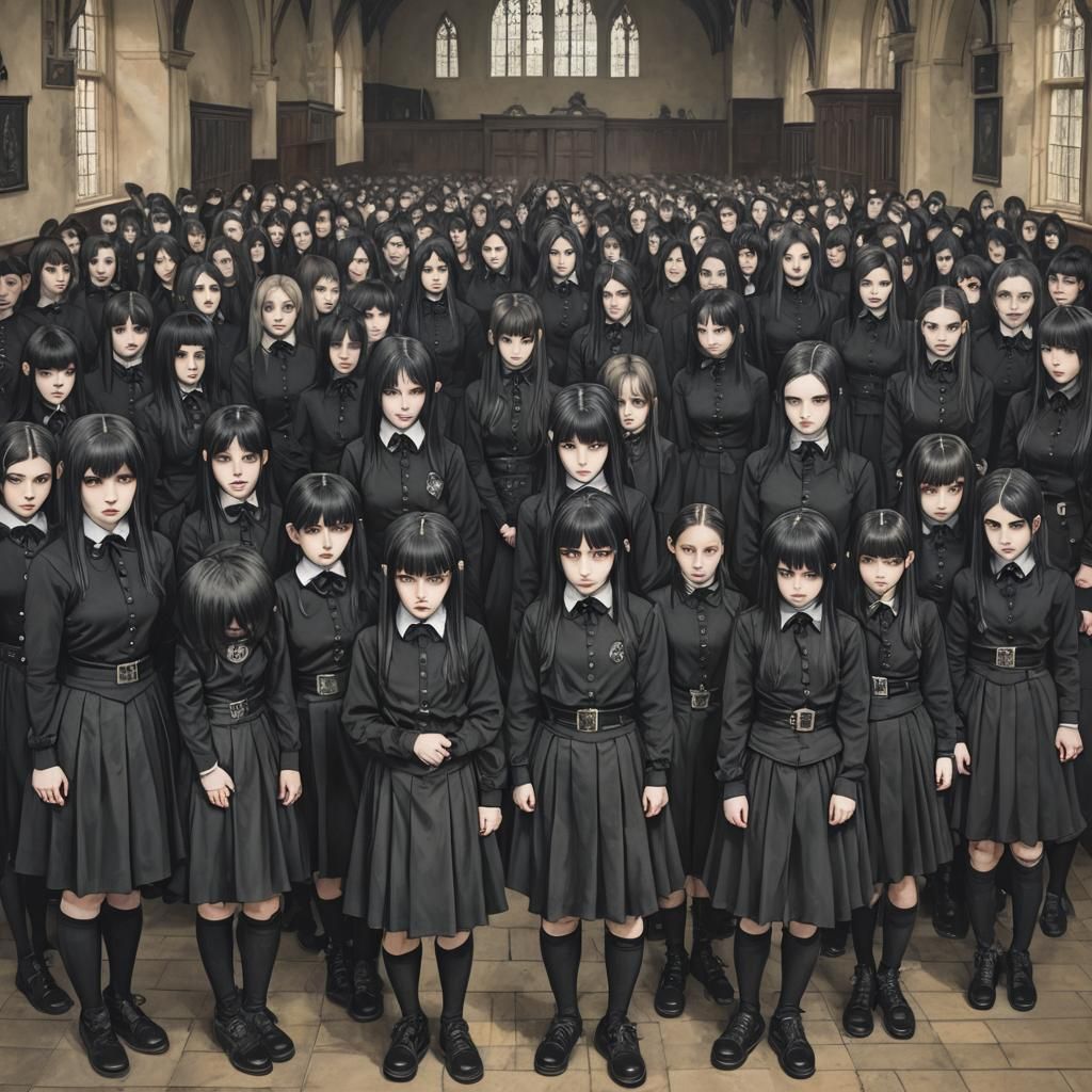 Goth Girls Line Up in Gothic School Hall