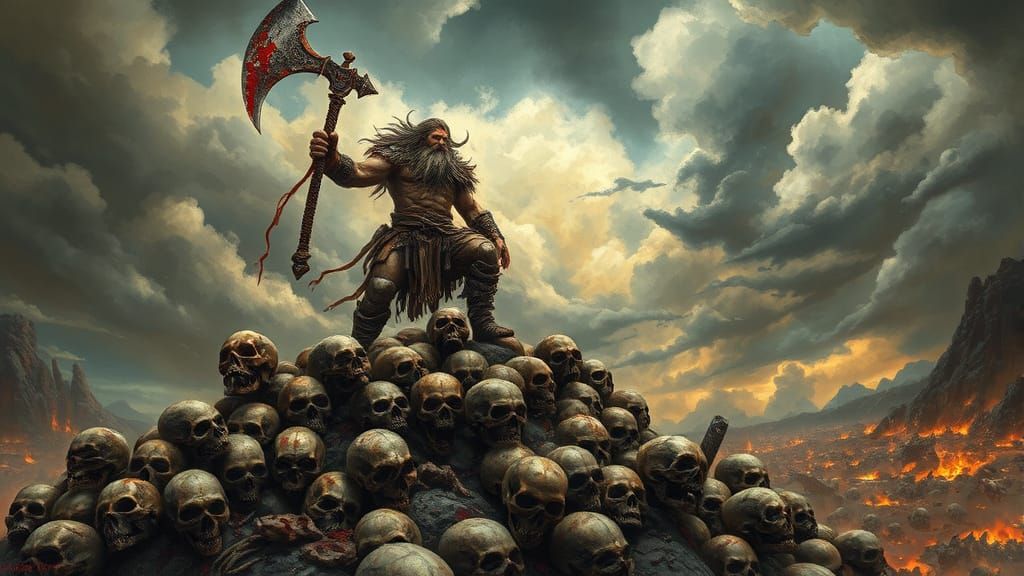 Brutal Barbarian Conquers Mountain of Skulls in Gritty Fanta...