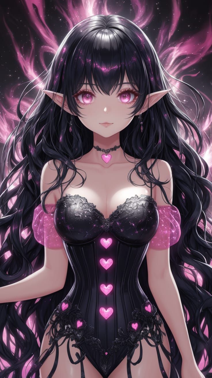 Anime Girl in Mystical Pink and Black Nebulae