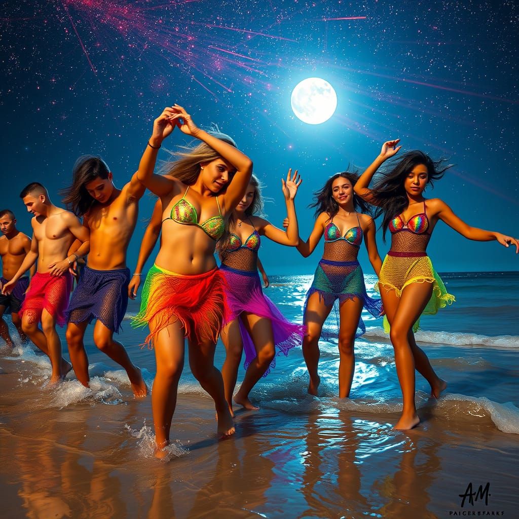 Vibrant Moonlit Beach Dance under a Celestial Nebula