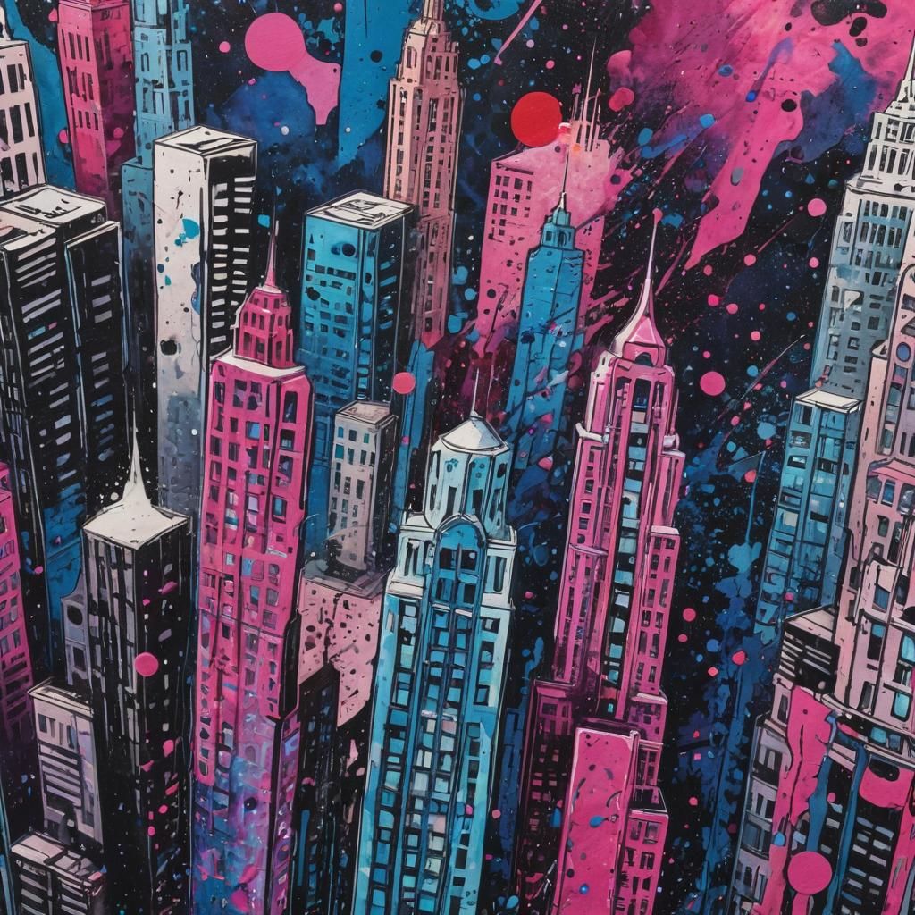 Pop Art Skyscrapers with Alcohol Ink, Lichtenstein Style