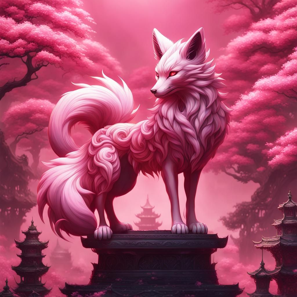Pink Oriental Nine-Tailed Fox: Detailed Matte Painting