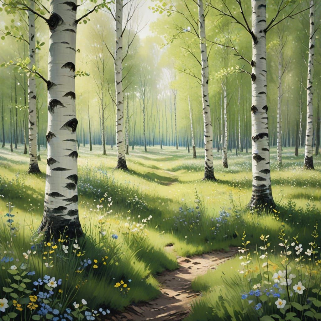 Impressionist Birch Grove in Spring: Watercolor Landscape