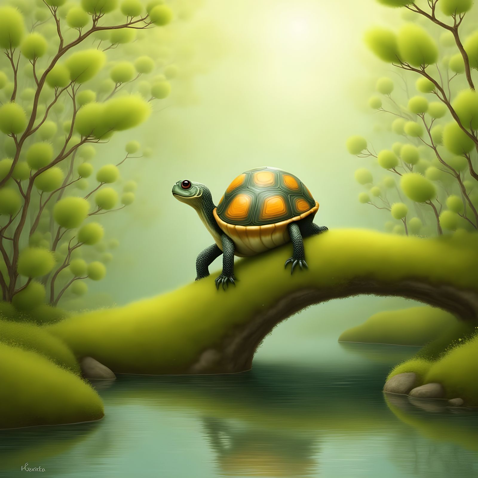 Cute Painted Turtle Climbing Riverbank in Pop Surreal Style