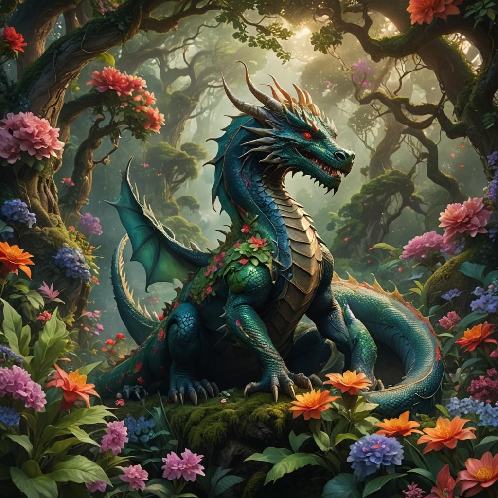 Serene Dragon in Lush Greenery: Fantasy Concept Art