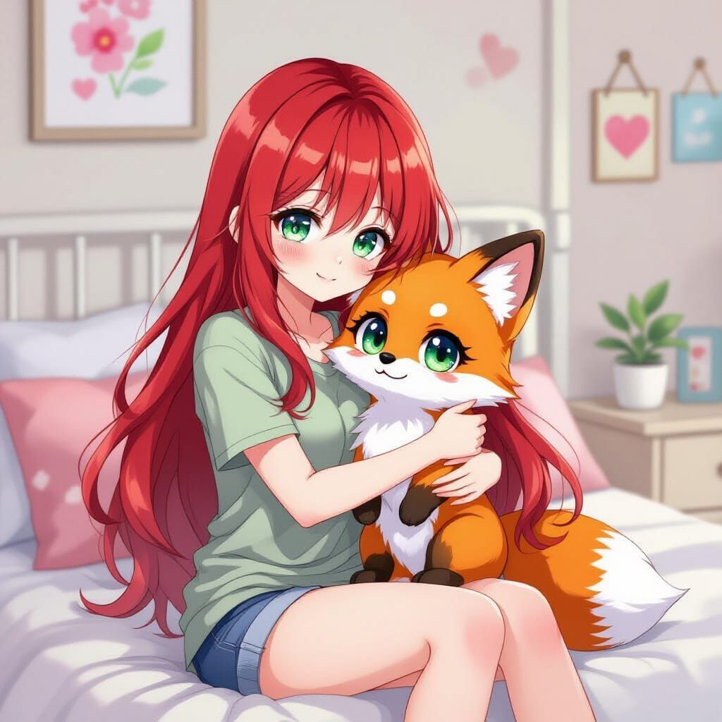 Woman Hugging Fox-Girl Doll in Kawaii Anime Style