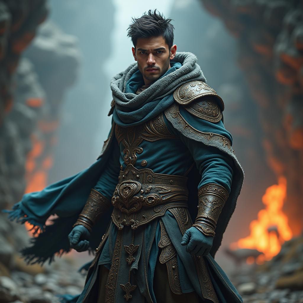 Heroic Young Man in Elaborate Outfit, Fantasy Background