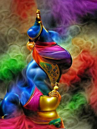 Colorful Genie Emerges From Ornate Lamp