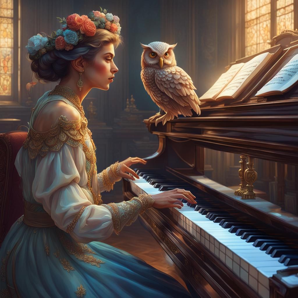 Owl Pianist Portrait in Art Nouveau Style