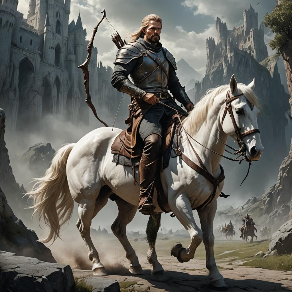 Fantasy Archer on White Horse: Dark Fantasy Art