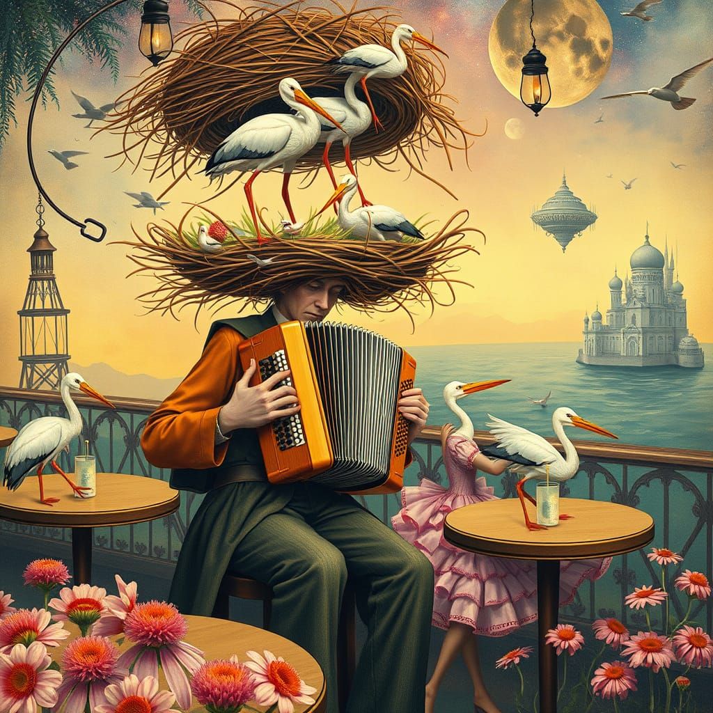 Surreal Galaxy Cafe Scene with Accordionist and Storks