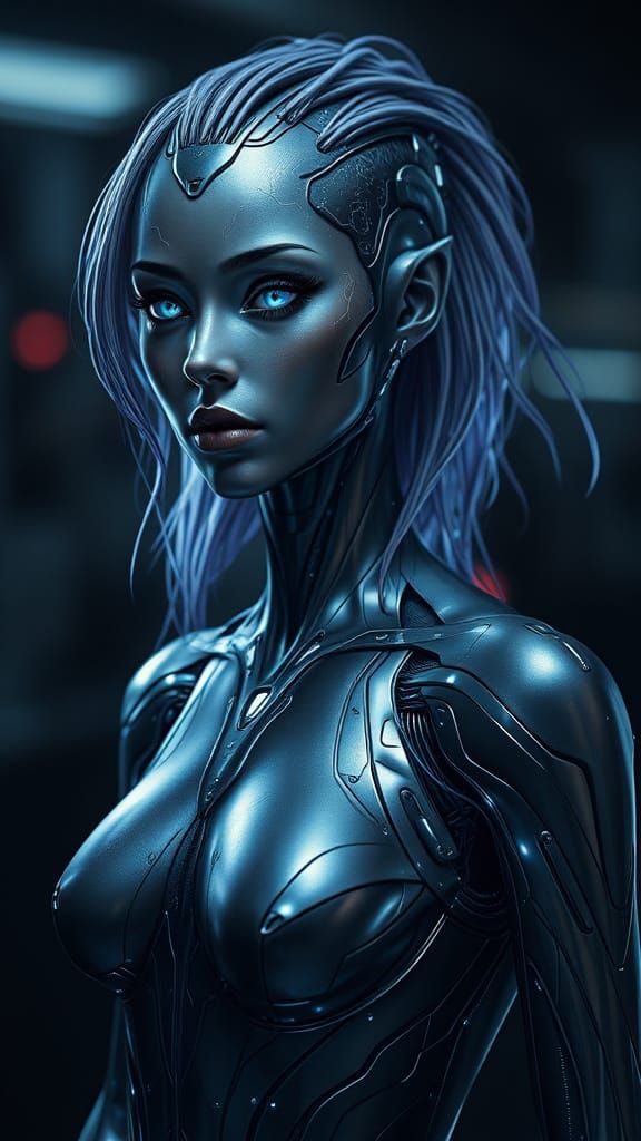 Cybernetic Being with Shifting Skins and Ethereal Hair