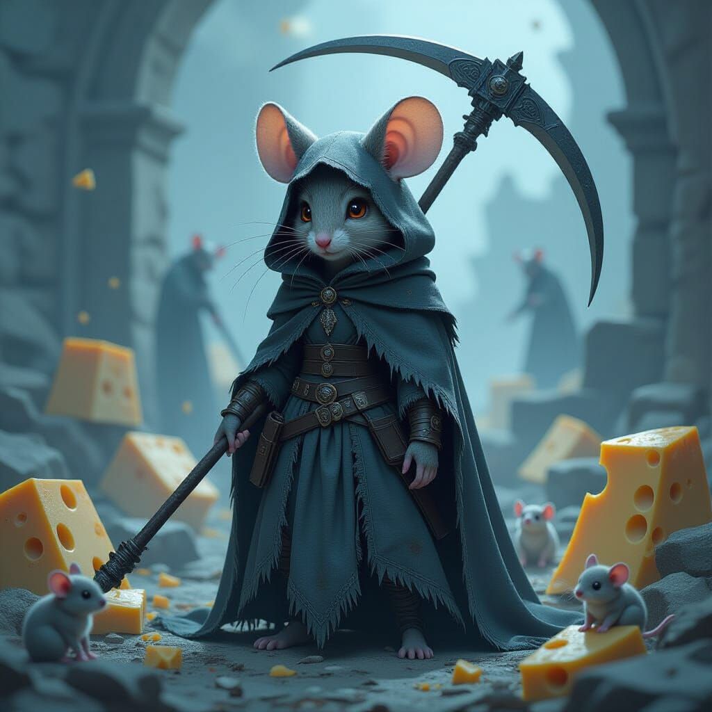 Mouse Girl as Gothic Reaper in Dark Fantasy Scene