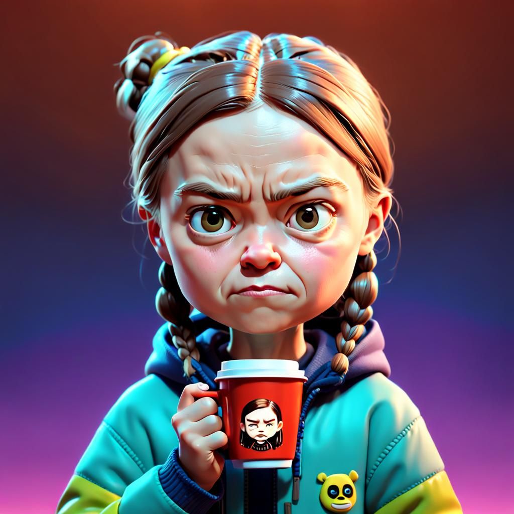 Angry Greta Thunberg Chibi Portrait in 3D