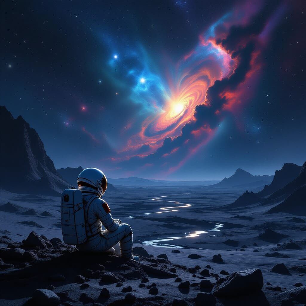 Astronaut Gazes at Cosmic Nebula on Alien World