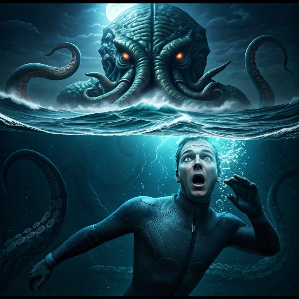 Terrified Swimmer and Eldritch Sea Monster
