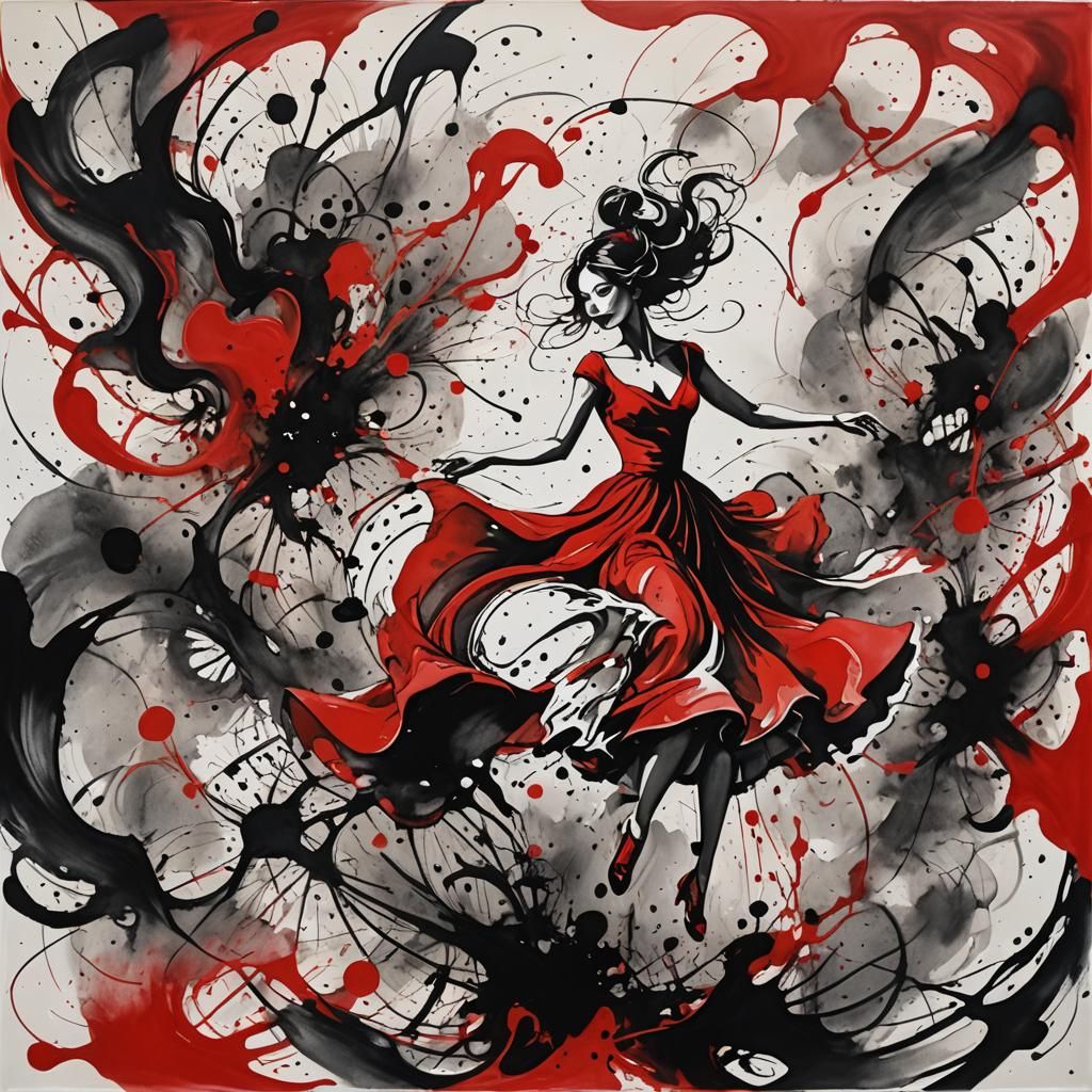 Red Dress Spins: Modern Ink Dancefloor Abstraction
