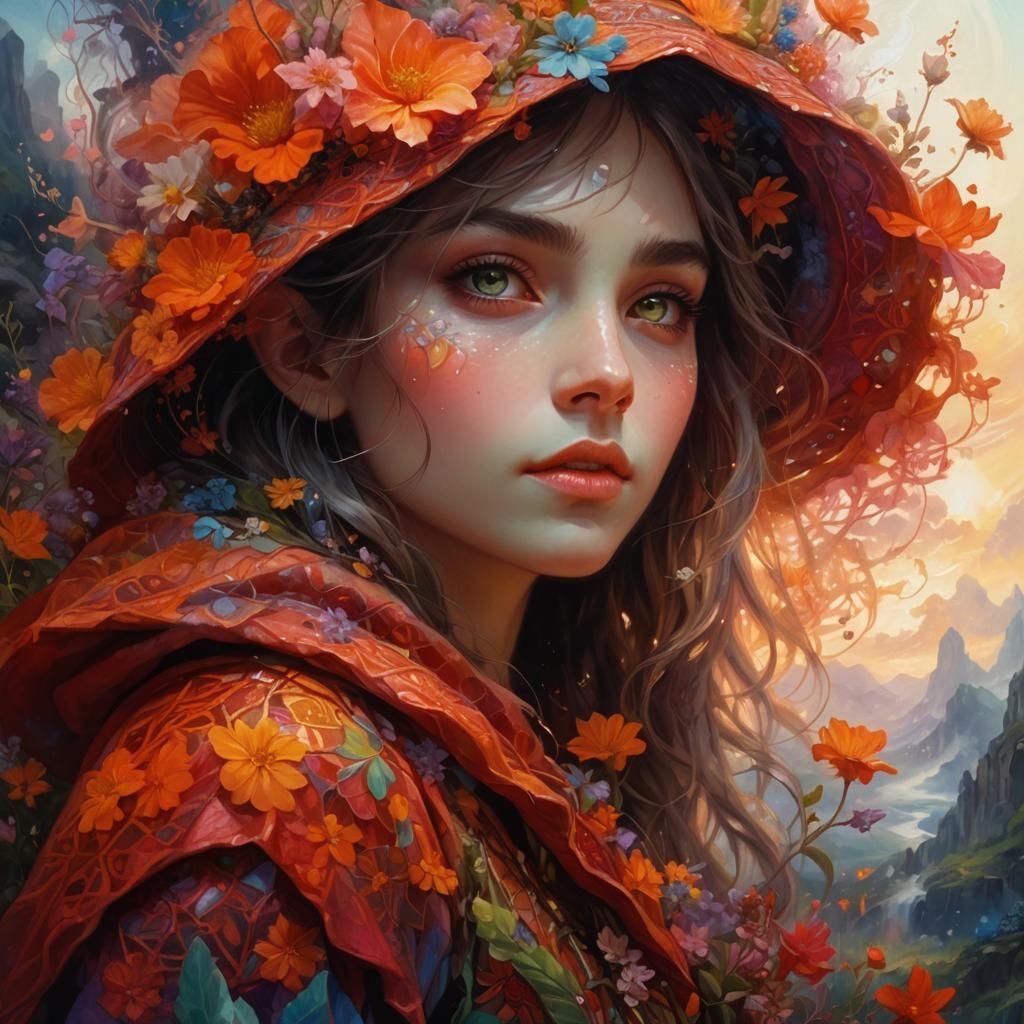 Ethereal Elf Girl in Dreamlike Flower Landscape
