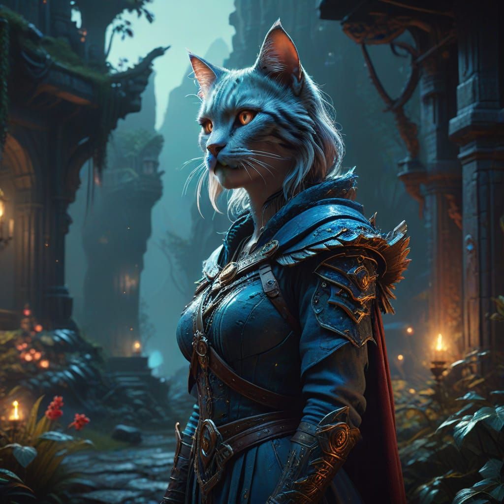 Regal Warrior with Majestic Feline Companion in Enchanted Re...